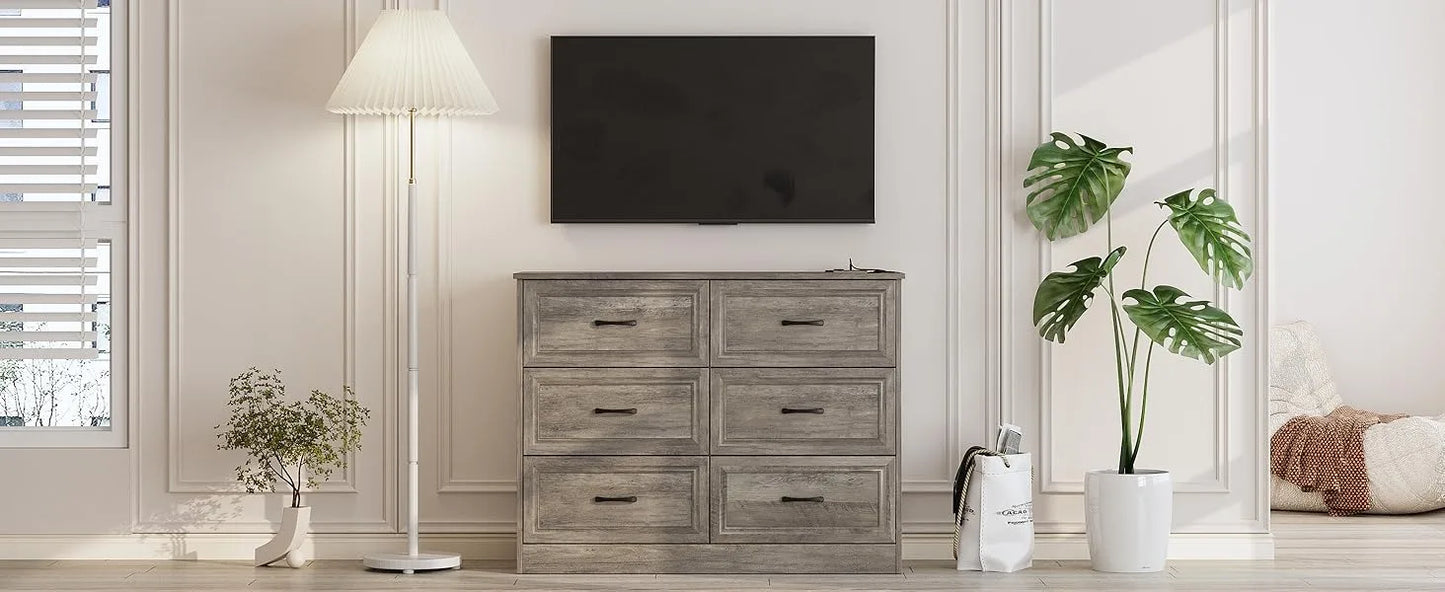 Dresser for Bedroom, 6 Drawer Wide Dresser Organizer with Charging Station, Dresser for Hallway, Wood Dresser with Metal Handles