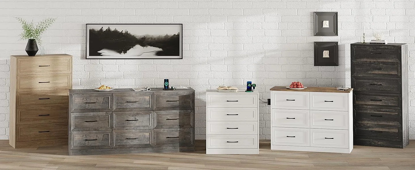 Dresser for Bedroom, 6 Drawer Wide Dresser Organizer with Charging Station, Dresser for Hallway, Wood Dresser with Metal Handles