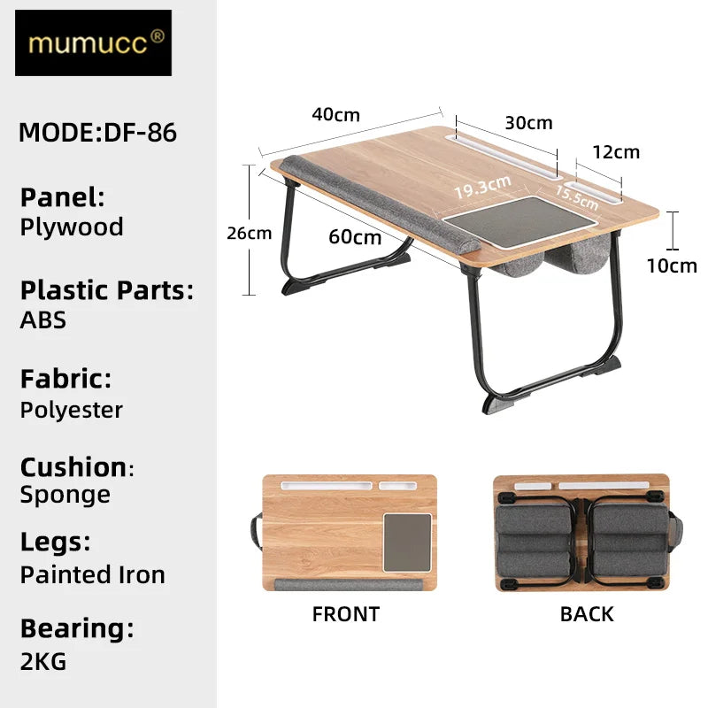 MUMUCC Portable Bed Table For Laptop Folding With Foldable Cushion,Handle,Slot And Mouse Pad, Wooden Gaming Desk