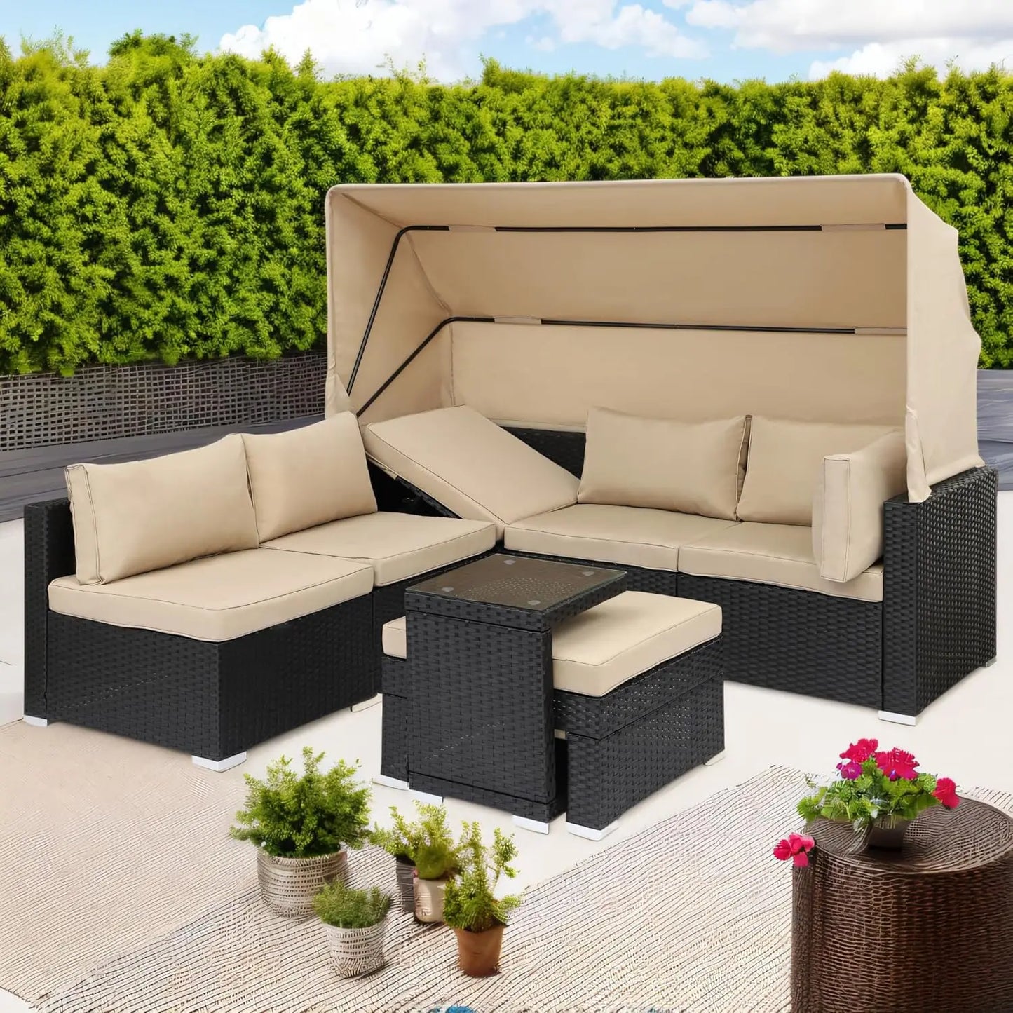 7 Pieces Patio Furniture Sets Daybed with Retractable Canopy,Rattan Sectional Sofa Set, Wicker Patio Seating Chairs