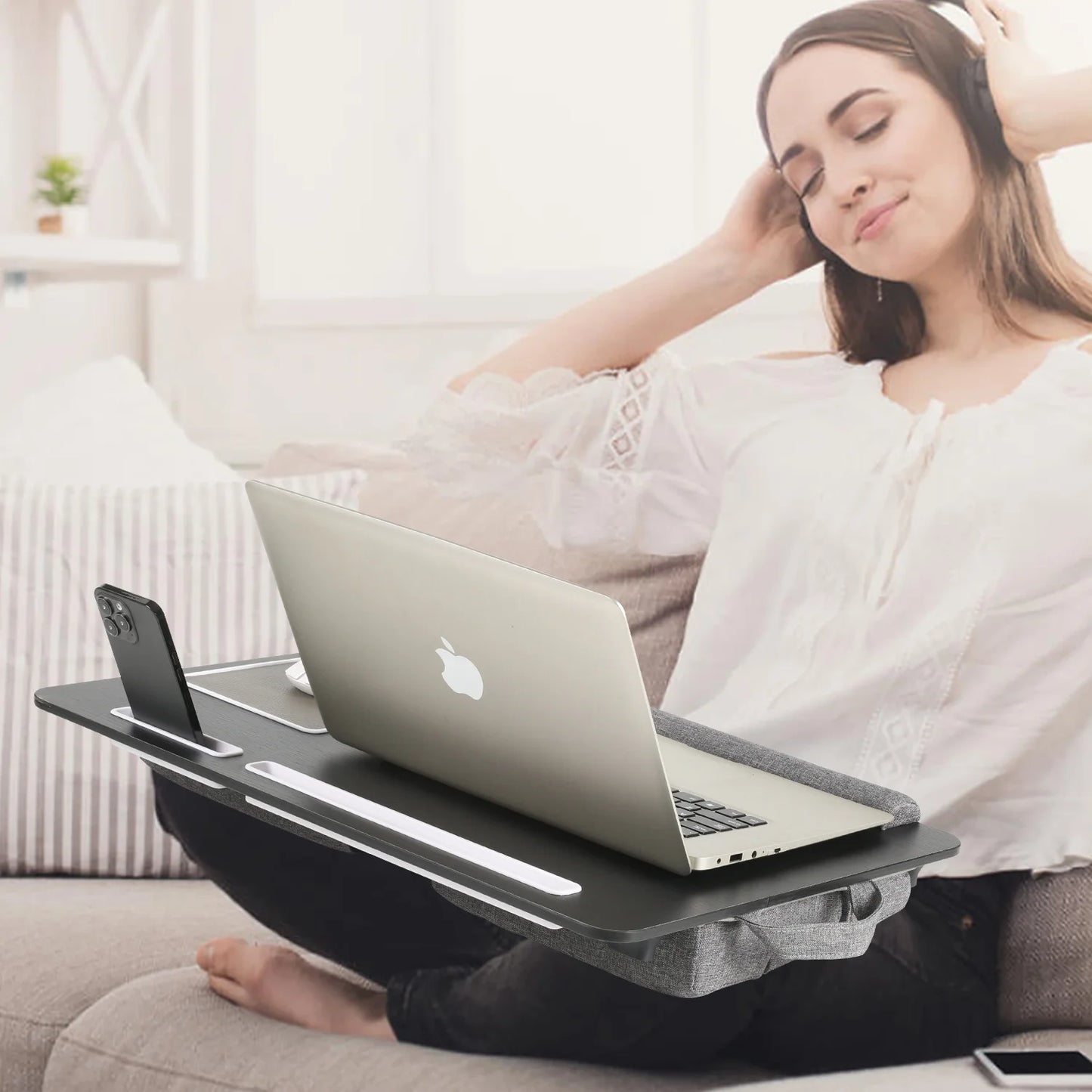 MUMUCC Portable Bed Table For Laptop Folding With Foldable Cushion,Handle,Slot And Mouse Pad, Wooden Gaming Desk