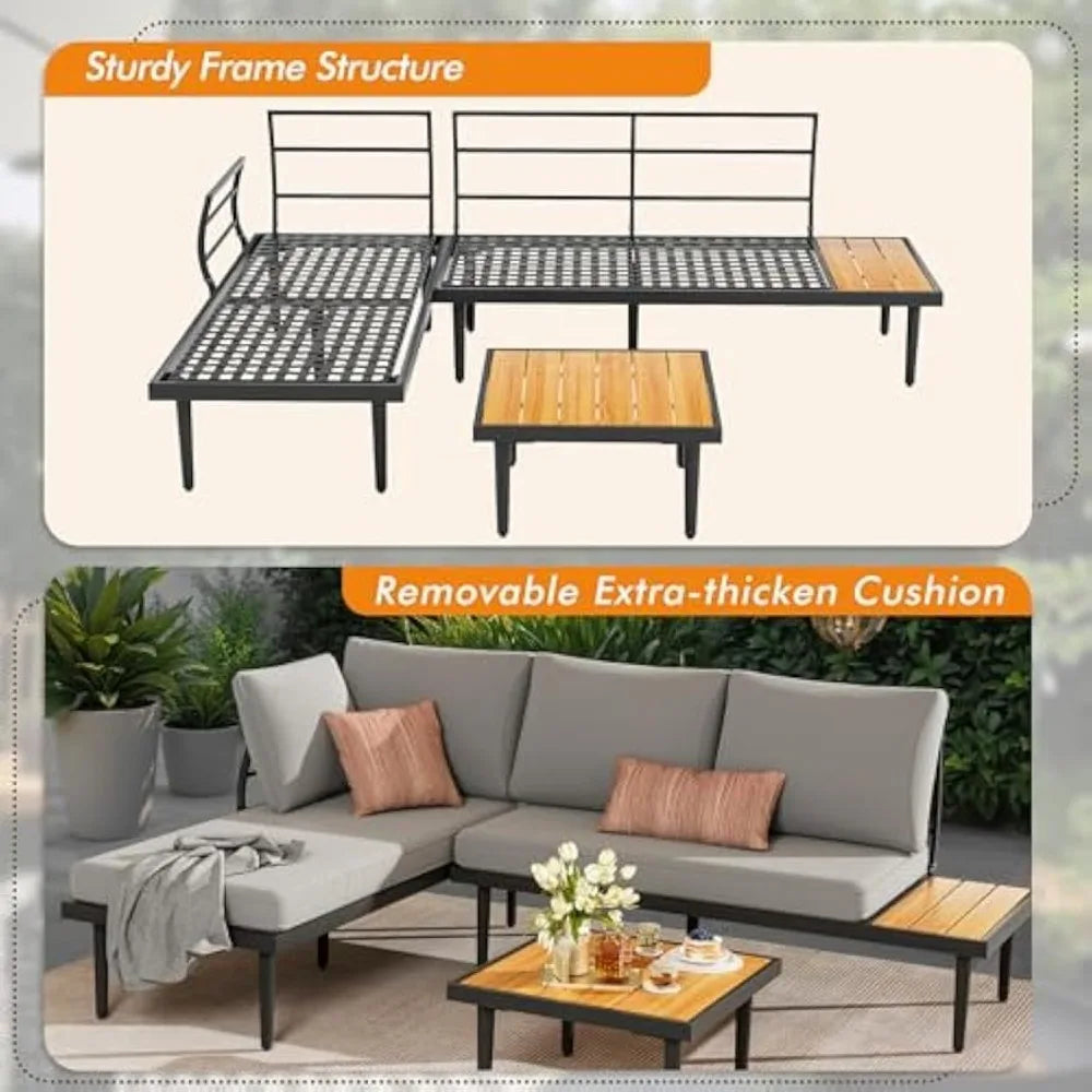 Devoko Outdoor Sectional Furniture Patio Sectional Sofa with Acacia Wood Table, Patio L-Shaped Conversation Set with All-Weather