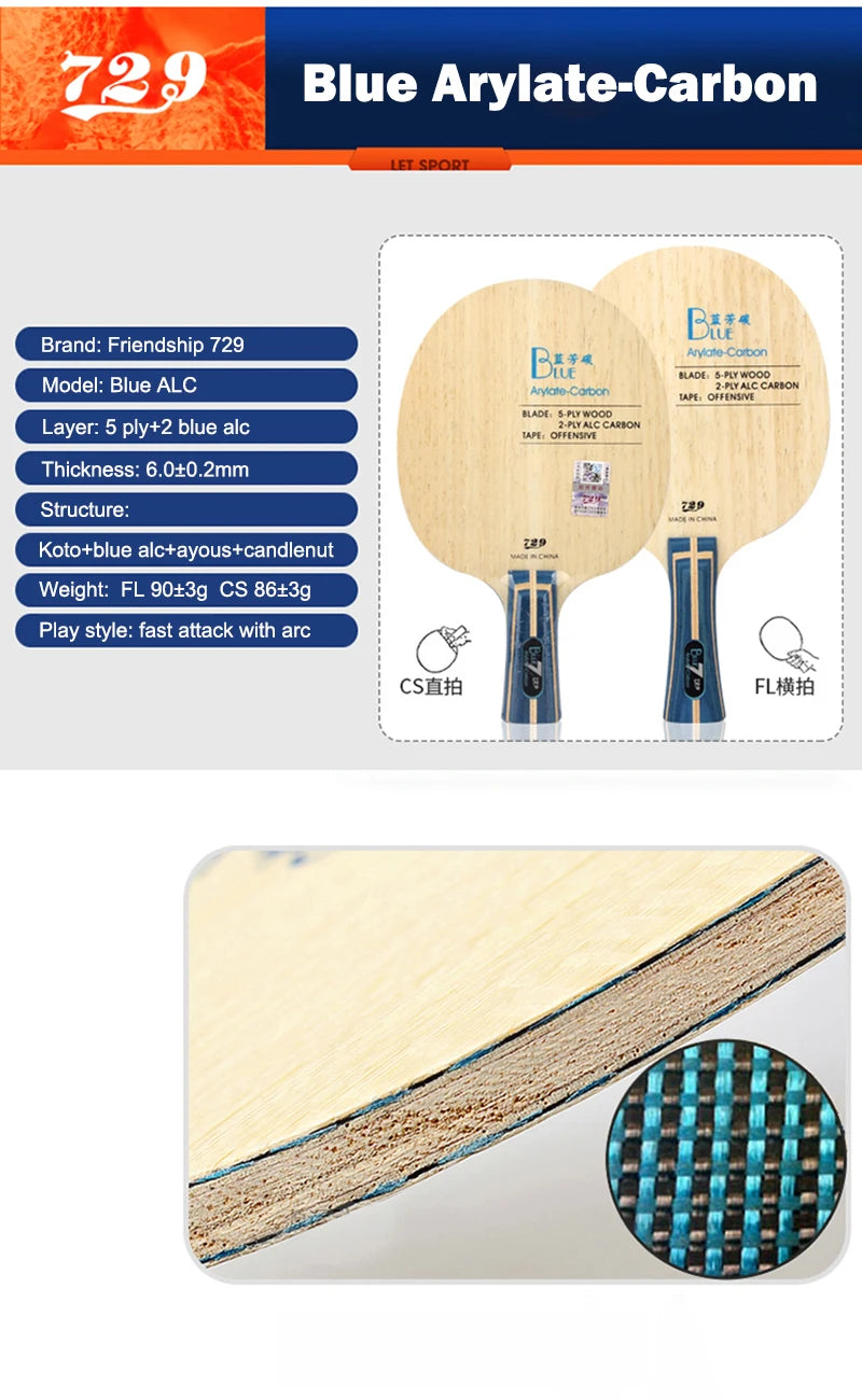 Original 729 Friendship Yellow ALC Table Tennis Blade 5 Wood 2 Arylate Carbon Professional Ping Pong Blade Blue ALC Offensive
