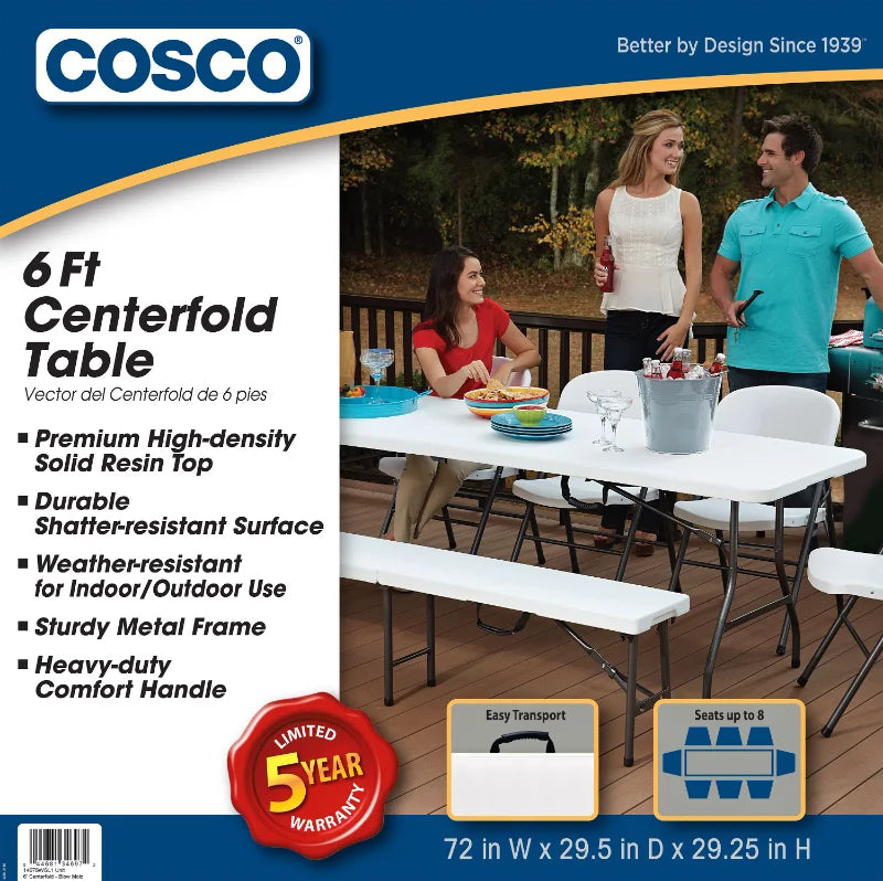 Cosco 6ft White Outdoor Garden Camping Picnic Table Portable Folding Table