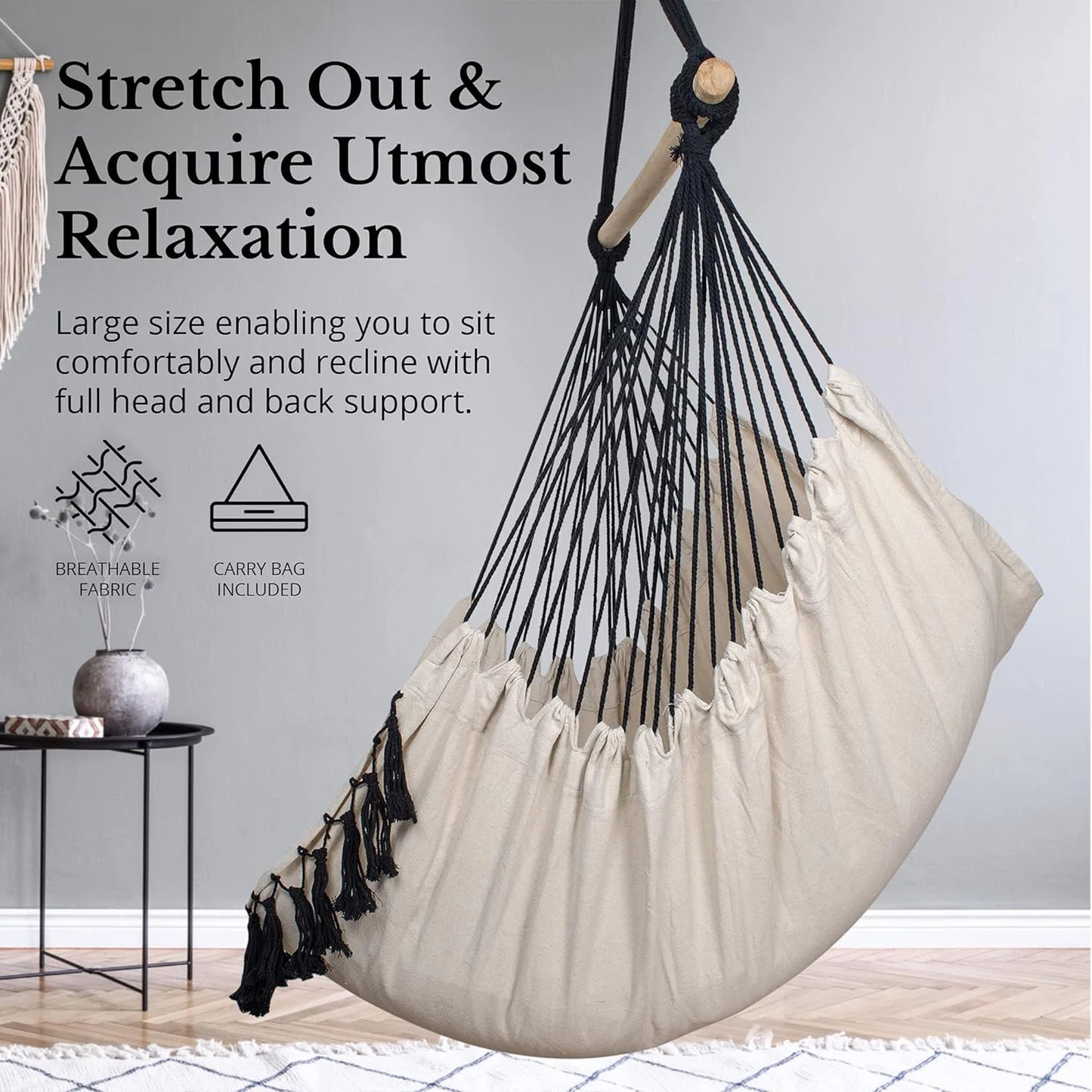 Hammock Chair Hanging Rope Swing, Max 500 Lbs, 2 Cushions Included, Large Macrame Hanging Chair with Pocket, Cotton Weave