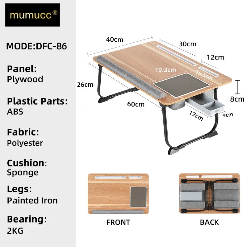 MUMUCC Portable Bed Table For Laptop Folding With Foldable Cushion,Handle,Slot And Mouse Pad, Wooden Gaming Desk