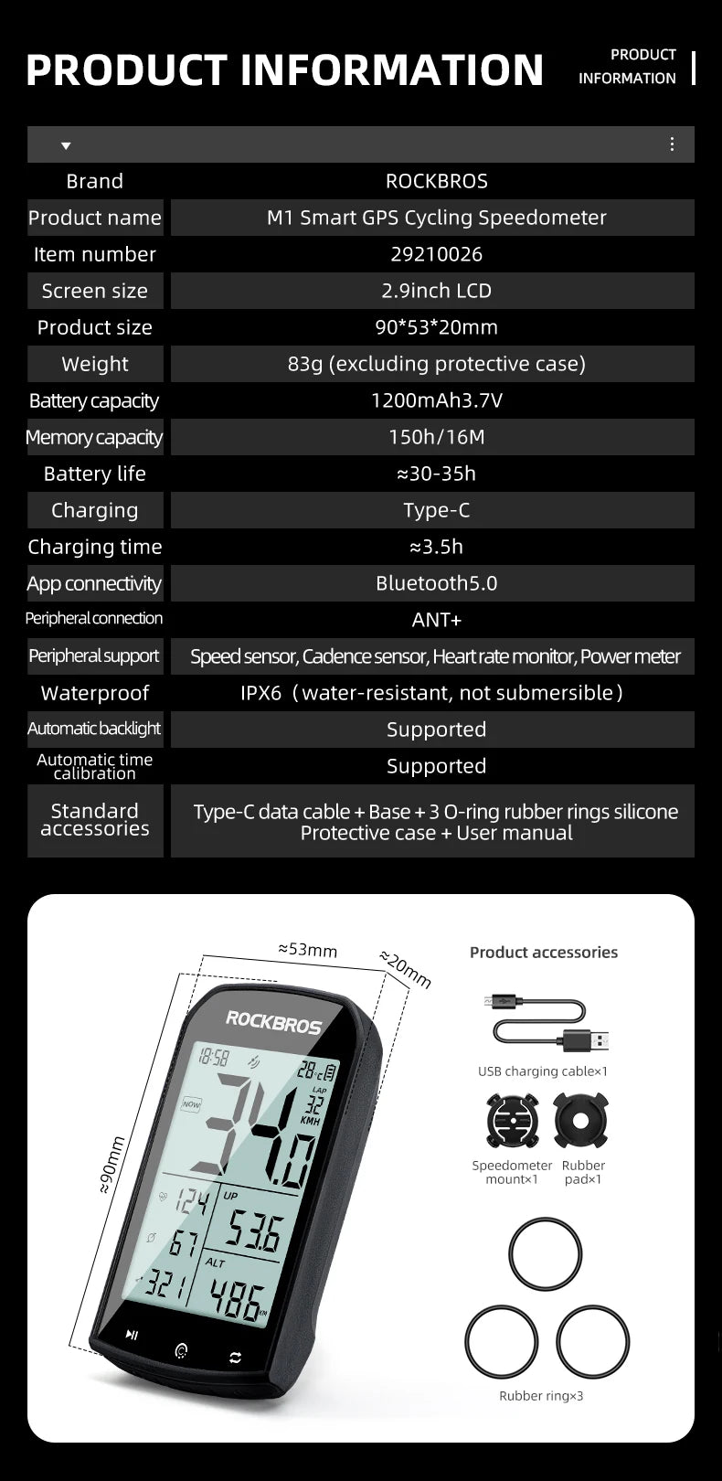 ROCKBROS M1 GPS Bicycle Computer Bluetooth 5.0 ANT+ Wireless Speedometer MTB Road Bike Ciclismo Speed Meter for Garmin Zwift