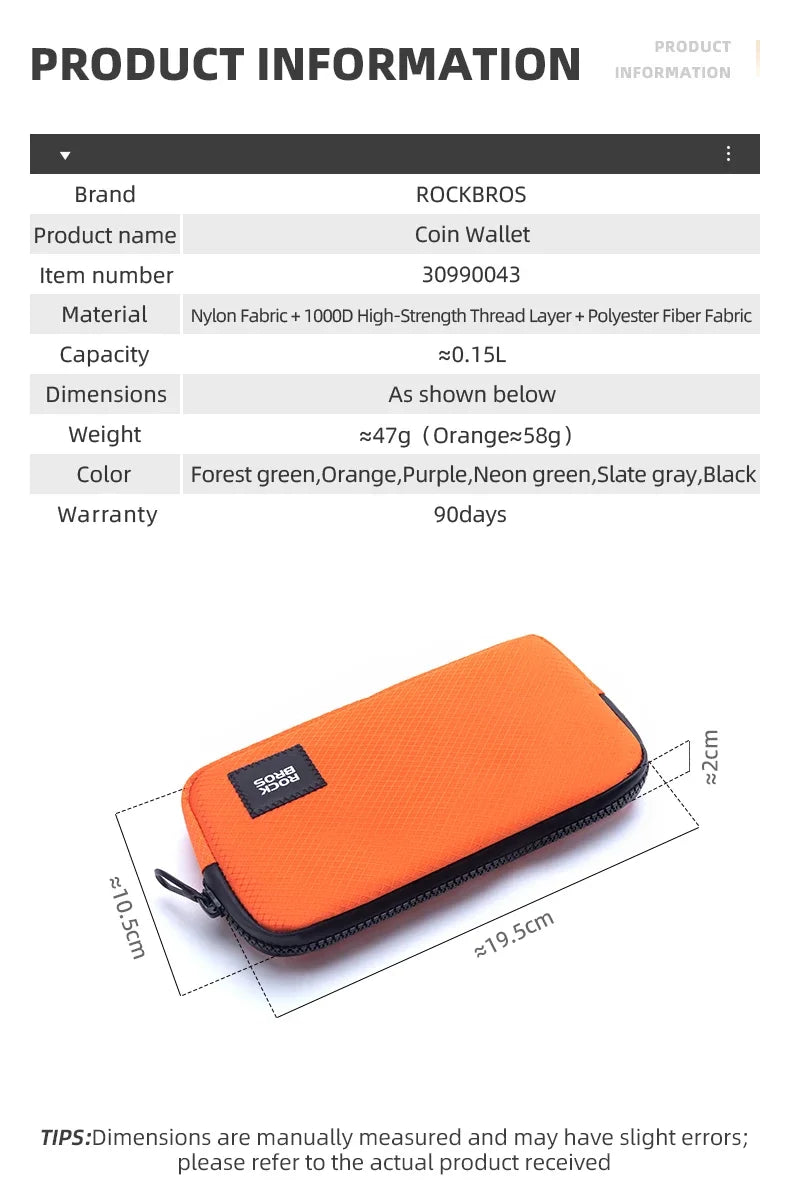 ROCKBROS Phone Bag Daily Use Small Size Lightweight Portable Multifunctional Hand Bag Zipper Storage Coins Wallet Commute Bag