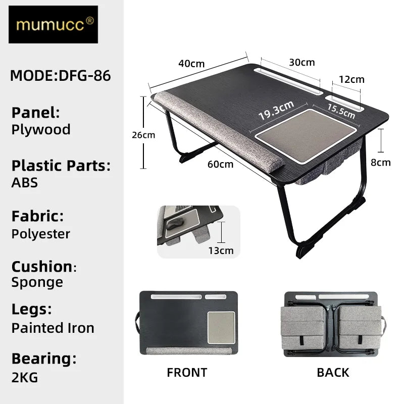 MUMUCC Portable Bed Table For Laptop Folding With Foldable Cushion,Handle,Slot And Mouse Pad, Wooden Gaming Desk