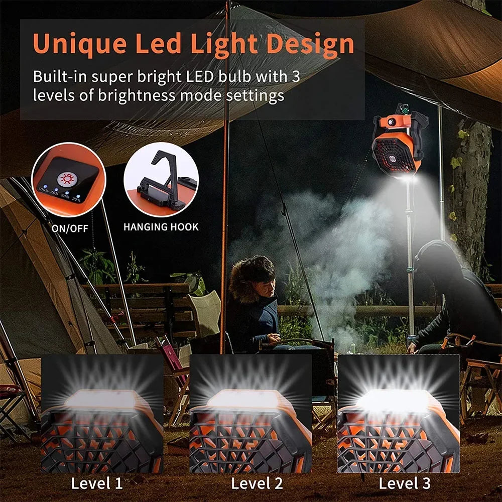 2024 New Portable Electric Fan With Led Light Tent Car Camping Hook&USB&Solar Charging For Hiking Fishing Picnic Emergency