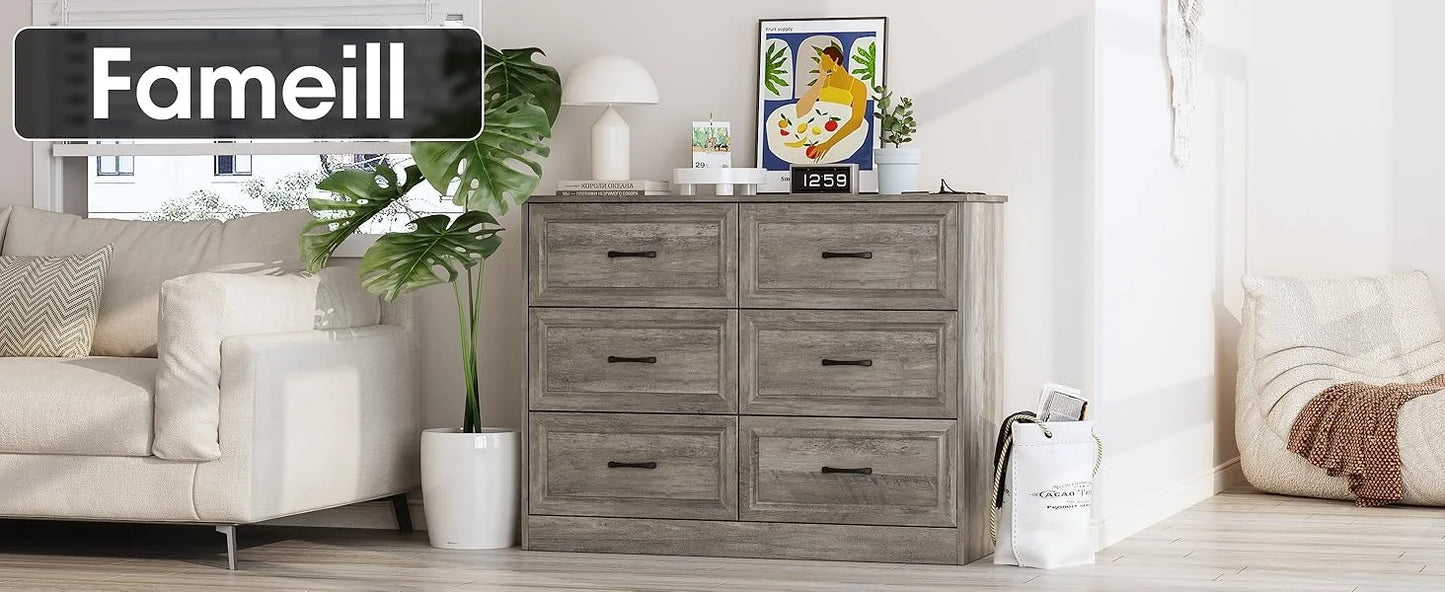 Dresser for Bedroom, 6 Drawer Wide Dresser Organizer with Charging Station, Dresser for Hallway, Wood Dresser with Metal Handles