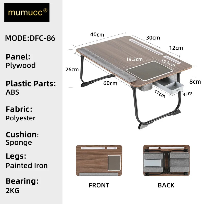 MUMUCC Portable Bed Table For Laptop Folding With Foldable Cushion,Handle,Slot And Mouse Pad, Wooden Gaming Desk