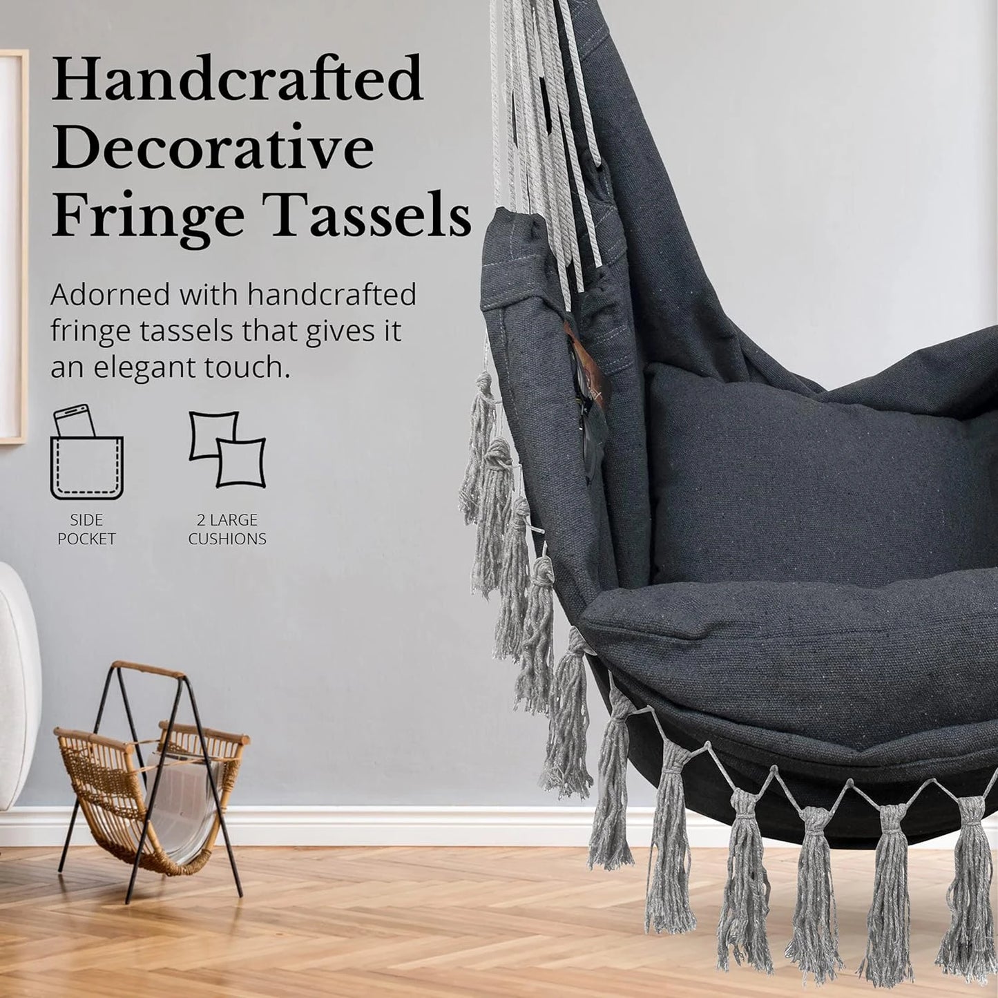 Hammock Chair Hanging Rope Swing, Max 500 Lbs, 2 Cushions Included, Large Macrame Hanging Chair with Pocket, Cotton Weave