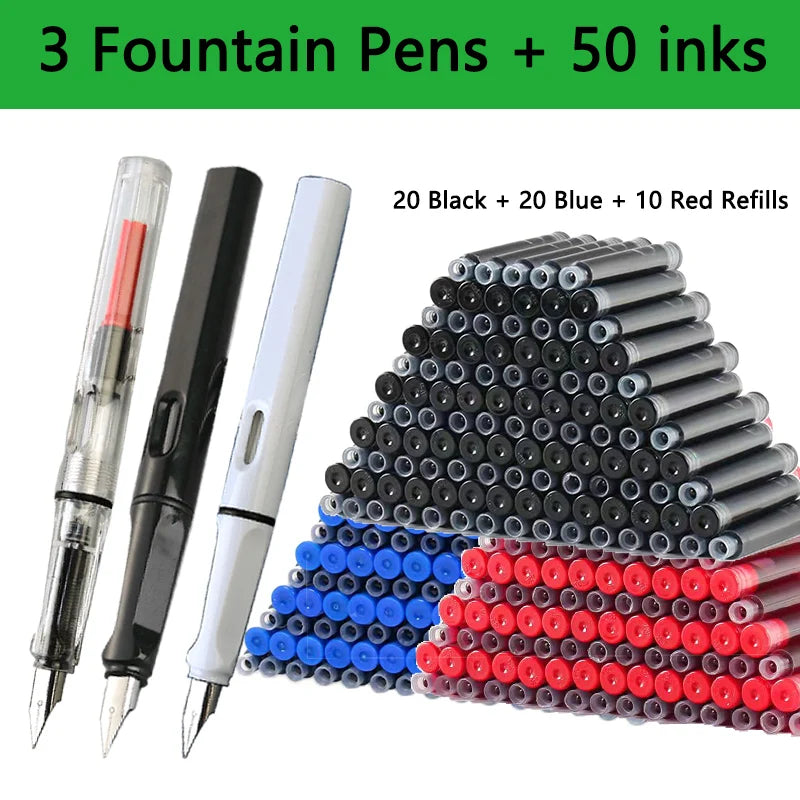 53Pcs Fountain Pen Replaceable Ink Set Black/Blue/Red ink EF School Pens Office Supplies Stationery for Writing Calligraphy Pen
