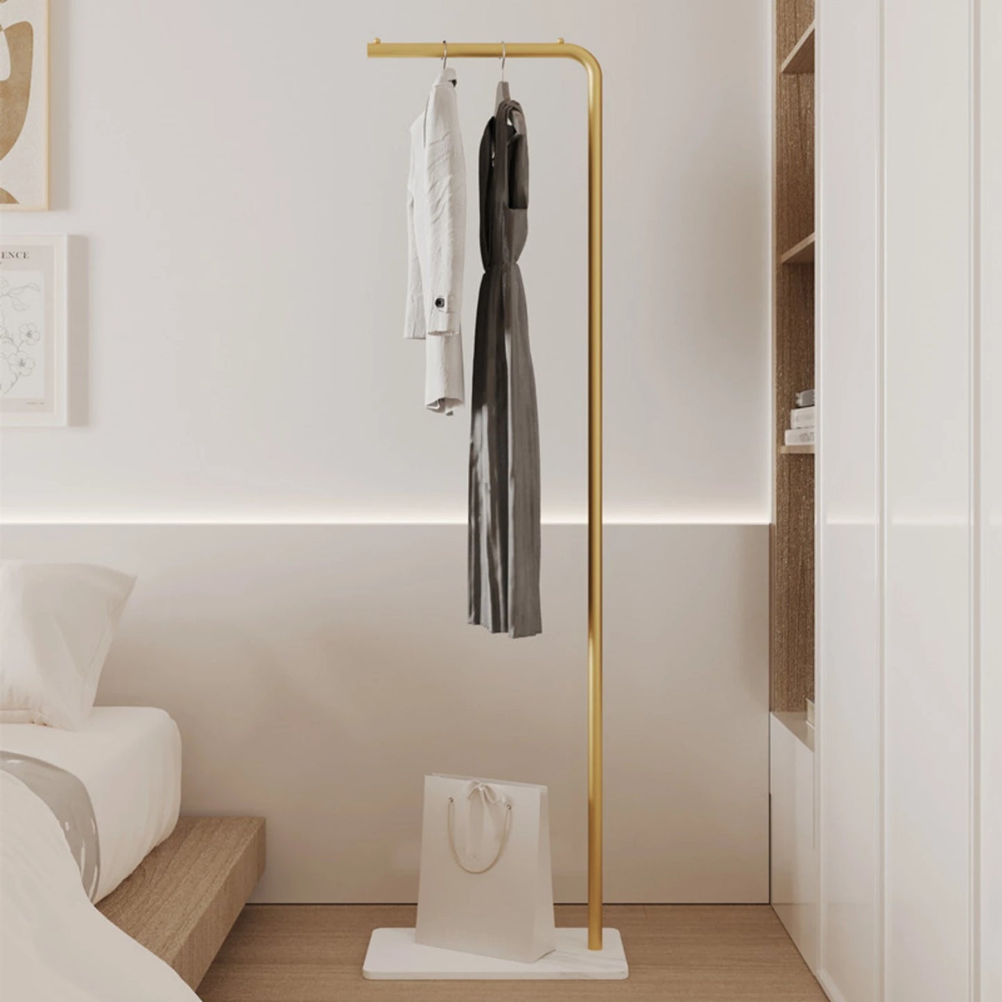 Scandinavian Modern Metal Valet Stand - Freestanding Multipurpose Suit Rack with Special Functions - Bedroom Clothing and Accessories