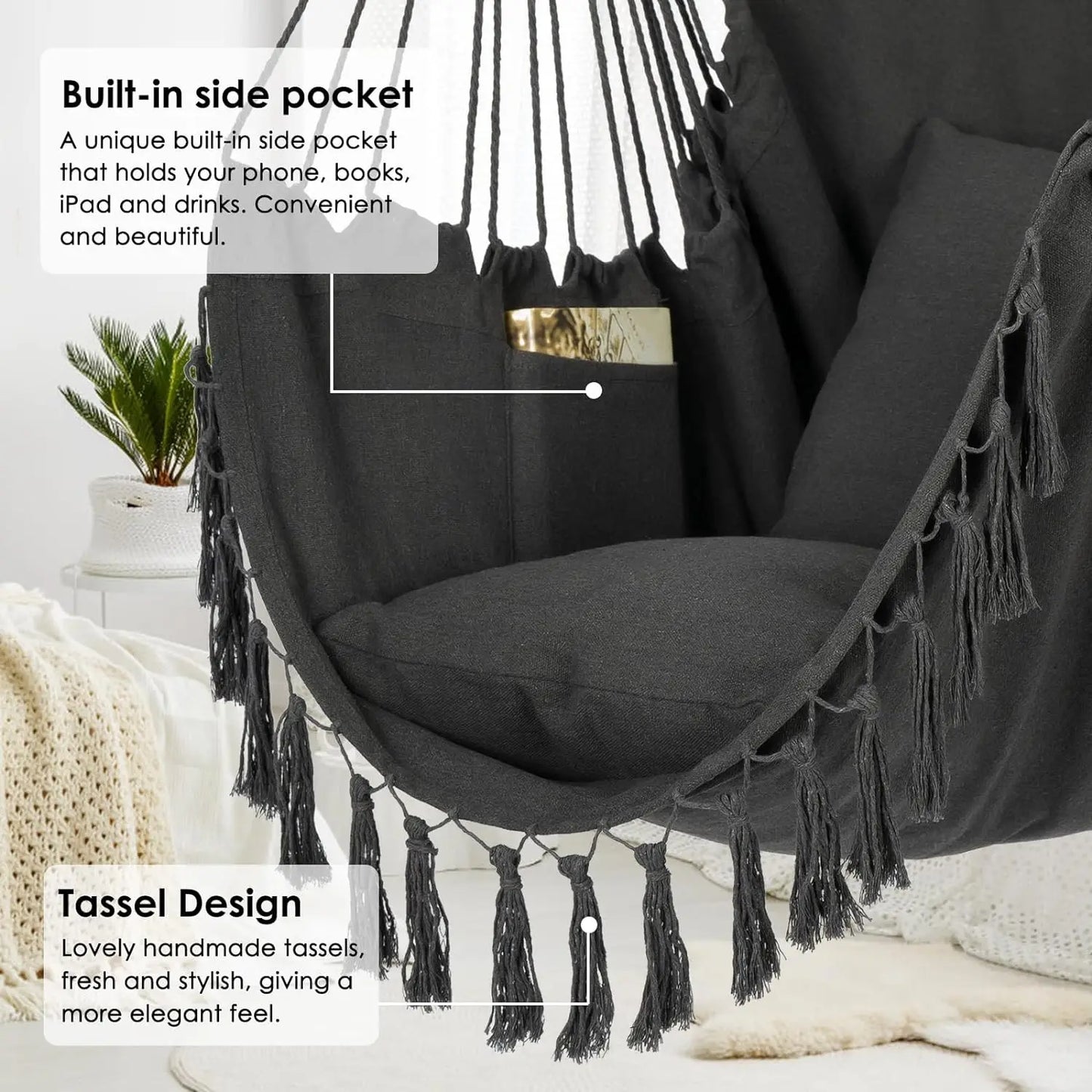 Hammock Chair Hanging Rope Swing, Max 500 Lbs, 2 Cushions Included, Large Macrame Hanging Chair with Pocket, Cotton Weave