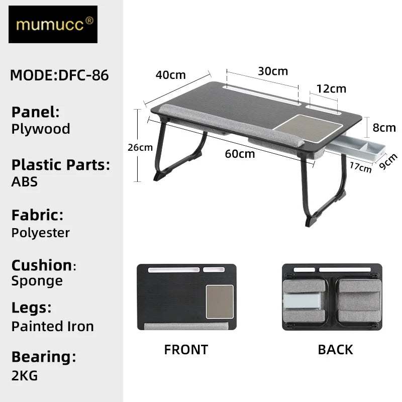 MUMUCC Portable Bed Table For Laptop Folding With Foldable Cushion,Handle,Slot And Mouse Pad, Wooden Gaming Desk