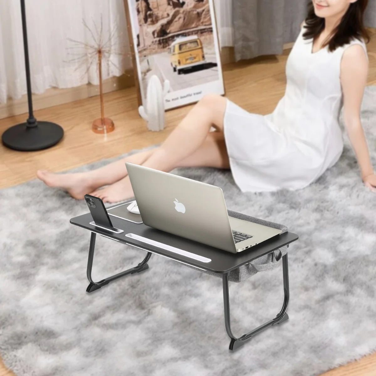 MUMUCC Portable Bed Table For Laptop Folding With Foldable Cushion,Handle,Slot And Mouse Pad, Wooden Gaming Desk