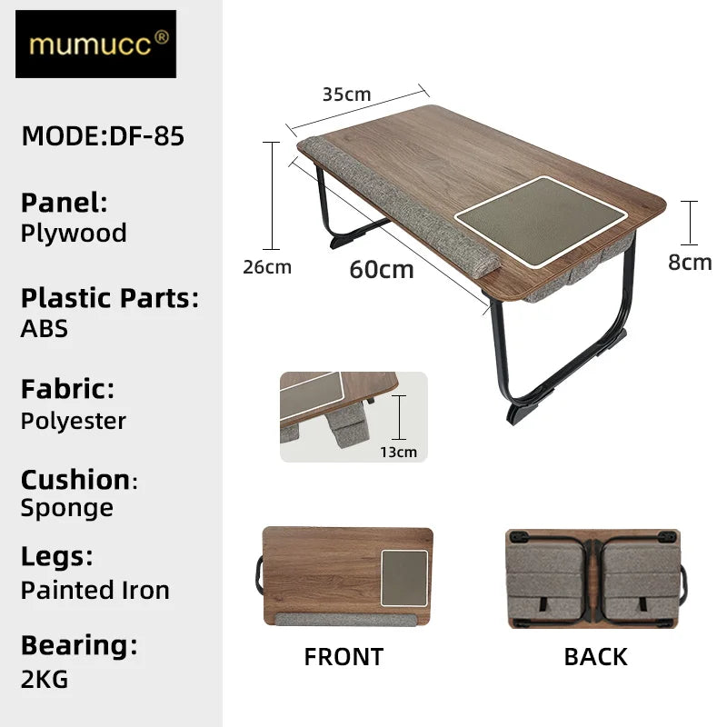 MUMUCC Portable Bed Table For Laptop Folding With Foldable Cushion,Handle,Slot And Mouse Pad, Wooden Gaming Desk