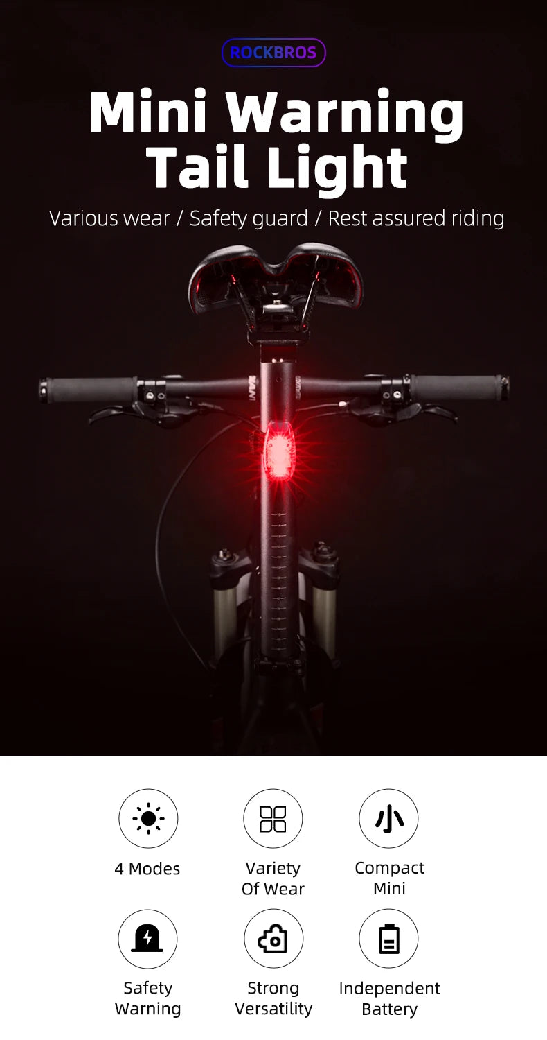 ROCKBROS Bike Rear Light Bicycle Warning Tail Light Cycling Helmet Bag Taillight Lantern Water Repellent Mini Bike Accessories
