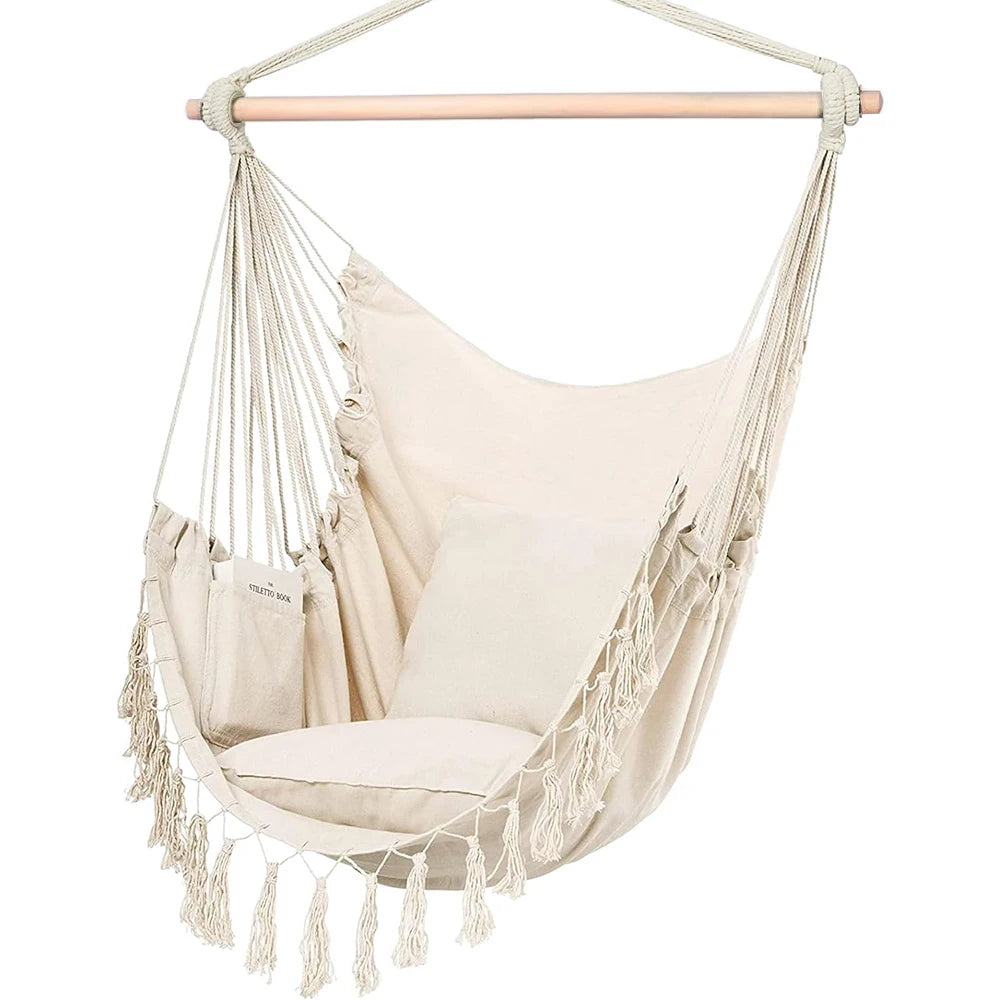 Hammock Chair Hanging Rope Swing, Max 500 Lbs, 2 Cushions Included, Large Macrame Hanging Chair with Pocket, Cotton Weave