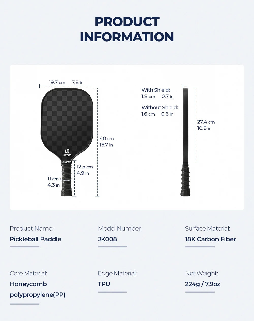 JIKEGO 18K Carbon Fiber Pickleball Paddle 2023 16mm Professional Pickle Ball Racket Racquet Men Women Child