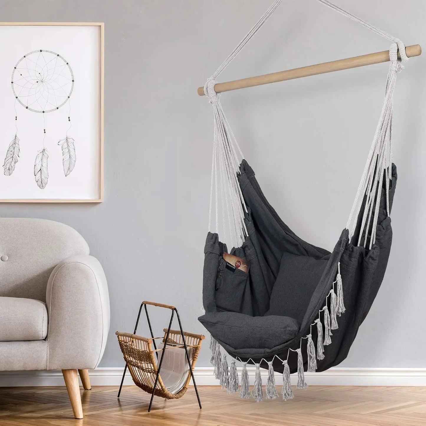 Hammock Chair Hanging Rope Swing, Max 500 Lbs, 2 Cushions Included, Large Macrame Hanging Chair with Pocket, Cotton Weave