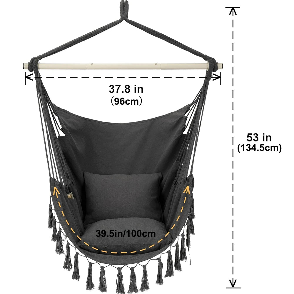 Hammock Chair Hanging Rope Swing, Max 500 Lbs, 2 Cushions Included, Large Macrame Hanging Chair with Pocket, Cotton Weave