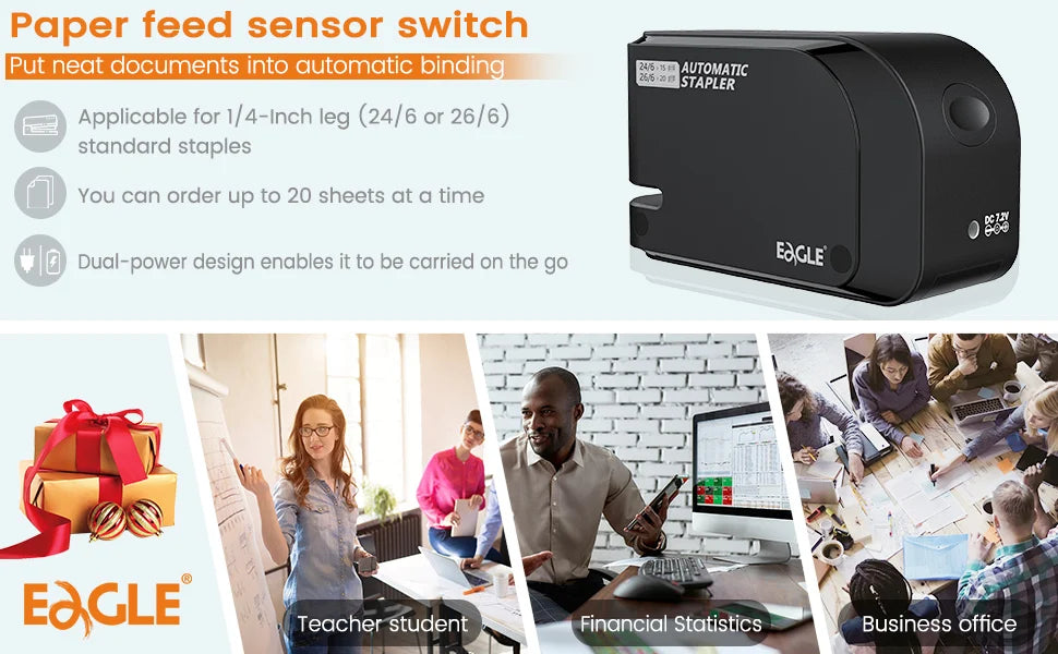 EAGLE automatic electric Stapler, With free 2000 staples, 20-sheet capacity, Dual power supply, office,school binding supplies