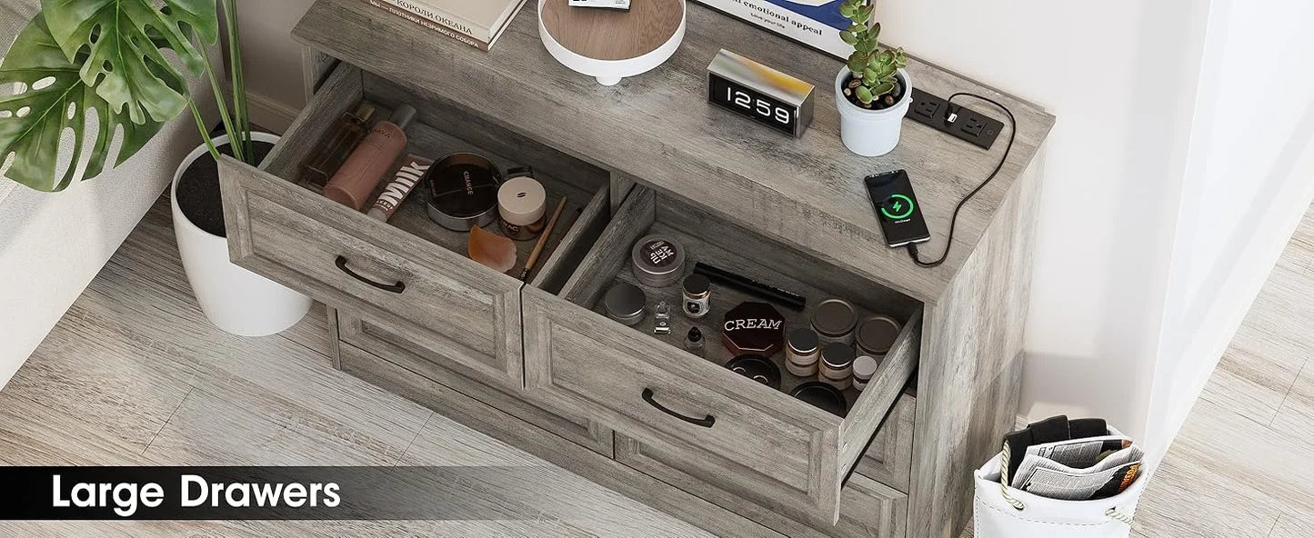 Dresser for Bedroom, 6 Drawer Wide Dresser Organizer with Charging Station, Dresser for Hallway, Wood Dresser with Metal Handles