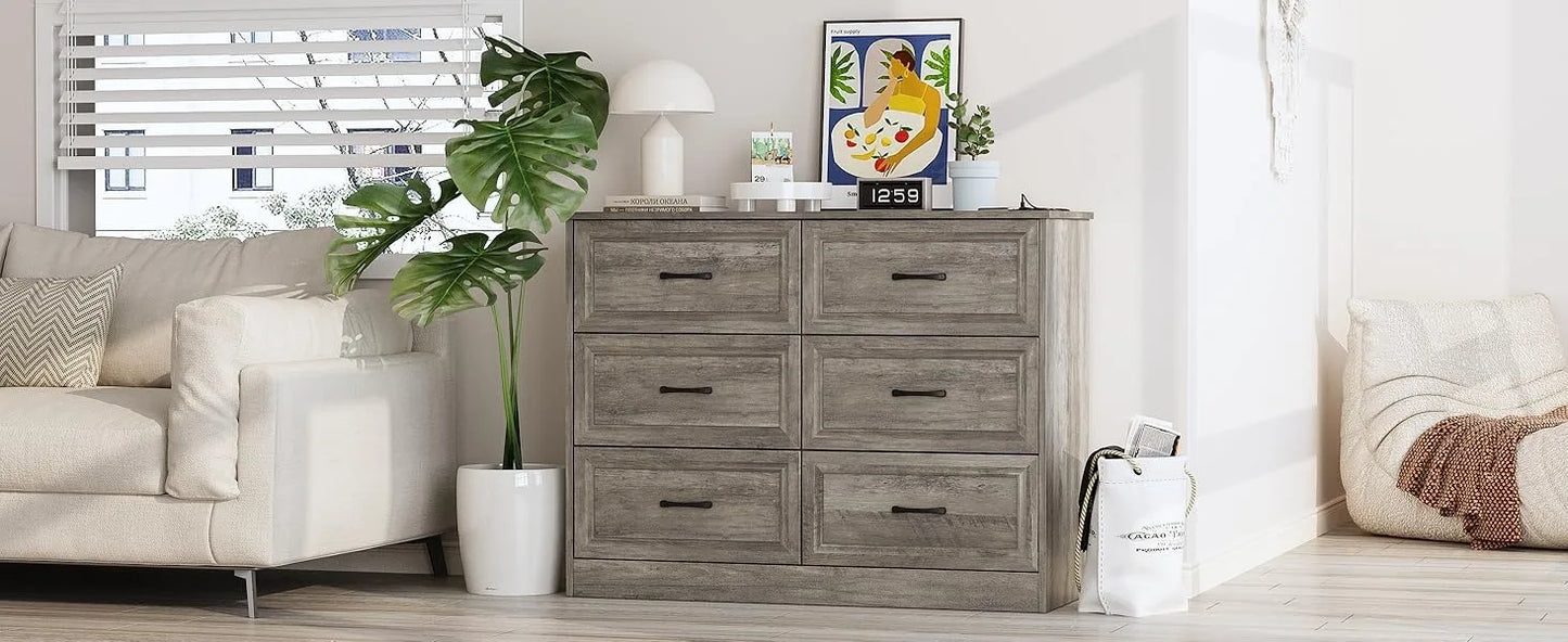 Dresser for Bedroom, 6 Drawer Wide Dresser Organizer with Charging Station, Dresser for Hallway, Wood Dresser with Metal Handles
