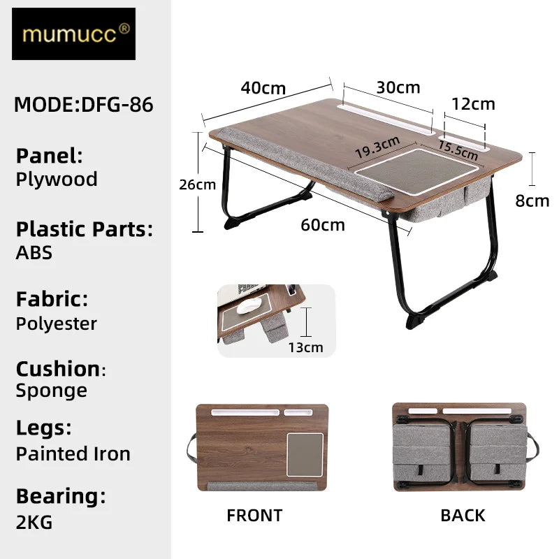 MUMUCC Portable Bed Table For Laptop Folding With Foldable Cushion,Handle,Slot And Mouse Pad, Wooden Gaming Desk