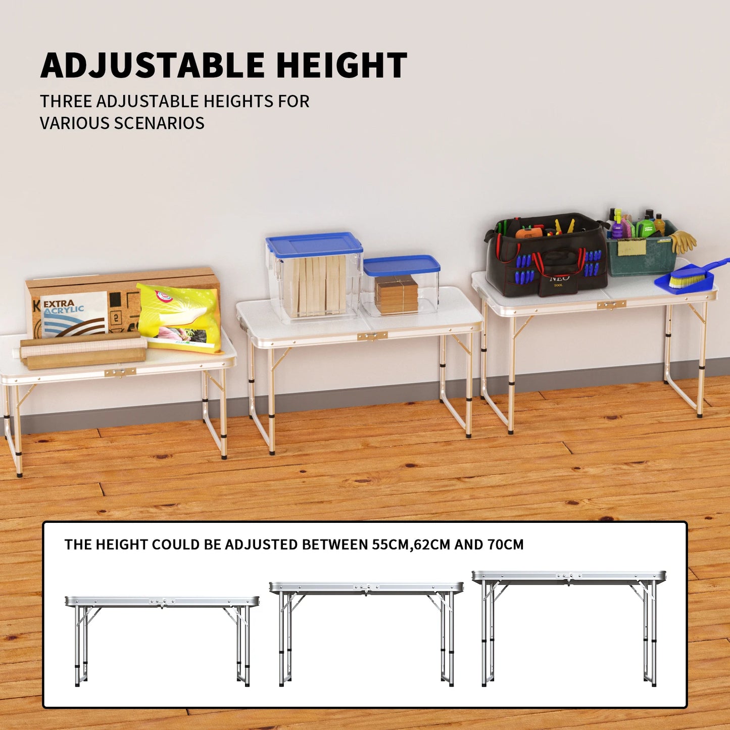 Folding outdoor camping table portable table adjustable height with carry handle folding picnic table white 120x60 cm