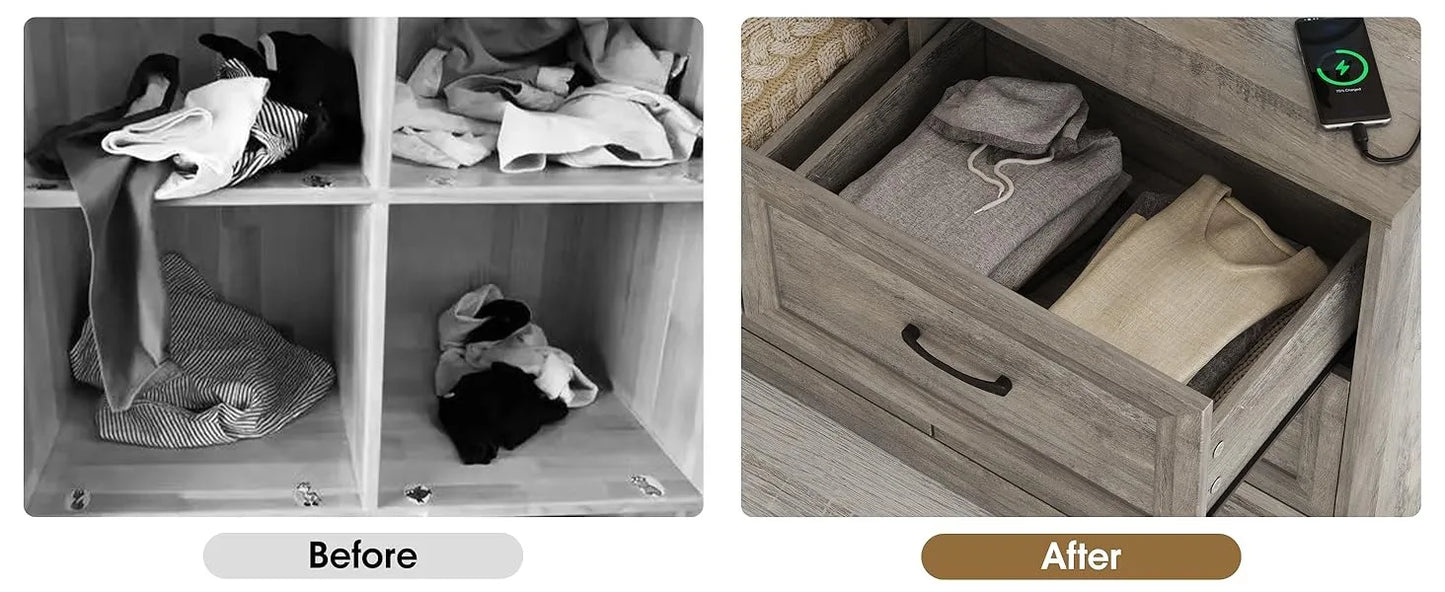 Dresser for Bedroom, 6 Drawer Wide Dresser Organizer with Charging Station, Dresser for Hallway, Wood Dresser with Metal Handles