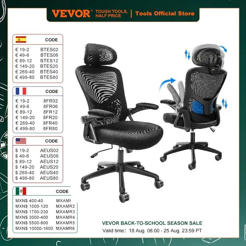 VEVOR Ergonomic Office Chair with Slide Seat/ Mesh Seat/ Adjustable Lumbar Support Angle and Height Adjustable Home Office Chair