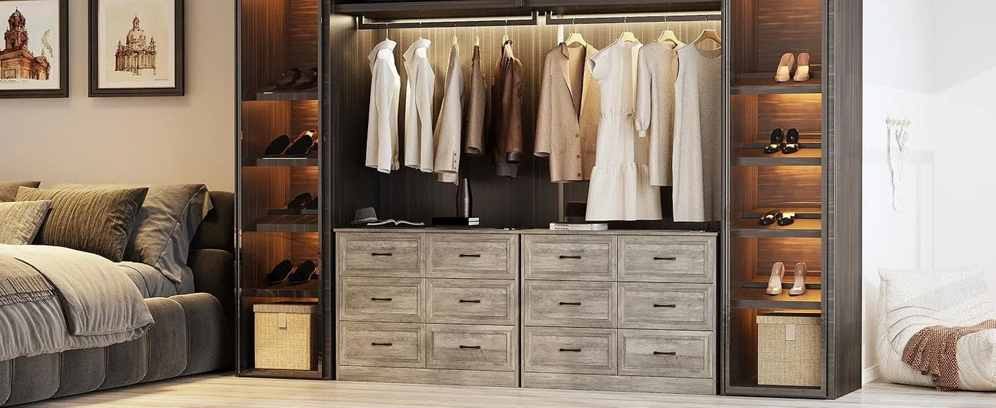 Dresser for Bedroom, 6 Drawer Wide Dresser Organizer with Charging Station, Dresser for Hallway, Wood Dresser with Metal Handles
