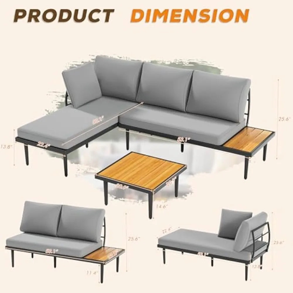 Devoko Outdoor Sectional Furniture Patio Sectional Sofa with Acacia Wood Table, Patio L-Shaped Conversation Set with All-Weather