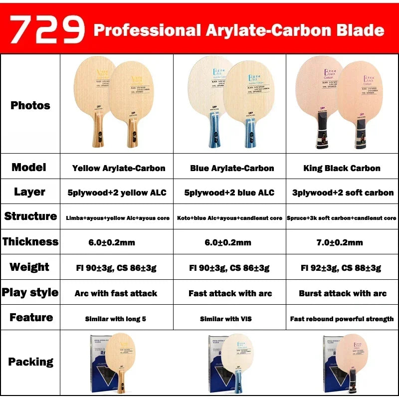 Original 729 Friendship Yellow ALC Table Tennis Blade 5 Wood 2 Arylate Carbon Professional Ping Pong Blade Blue ALC Offensive