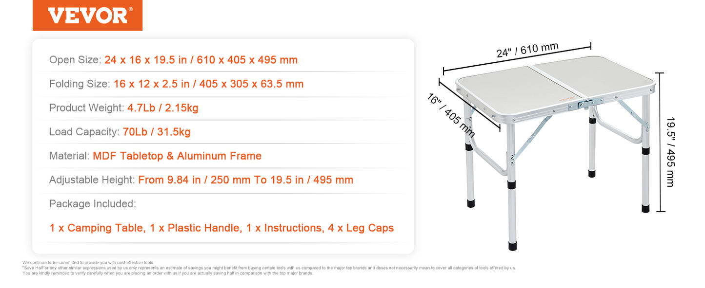 VEVOR Outdoor Folding Table Adjustable Height Portable Compact Tables Lightweight Aluminum Picnic Table For Beach/Garden/Camping