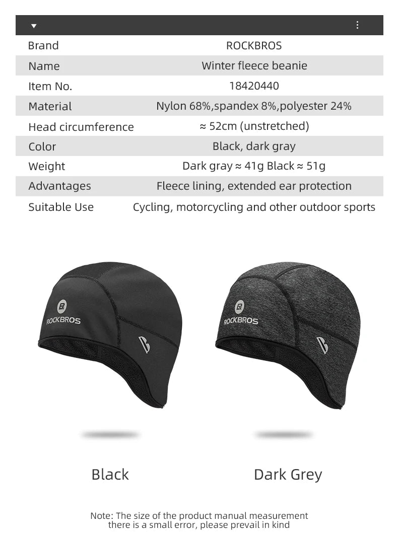 ROCKBROS Winter Caps Windproof Thermal Fleece Hats Bicycle Cap Ski Riding Motorcycle Cycling Hat Bandana Ciclismo Headband