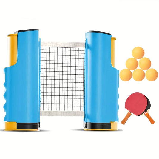 Portable Table Tennis Training Set, Includes Blue Retractable Ball Net, 2 Table Tennis Rackets, and 3 Table Tennis Balls