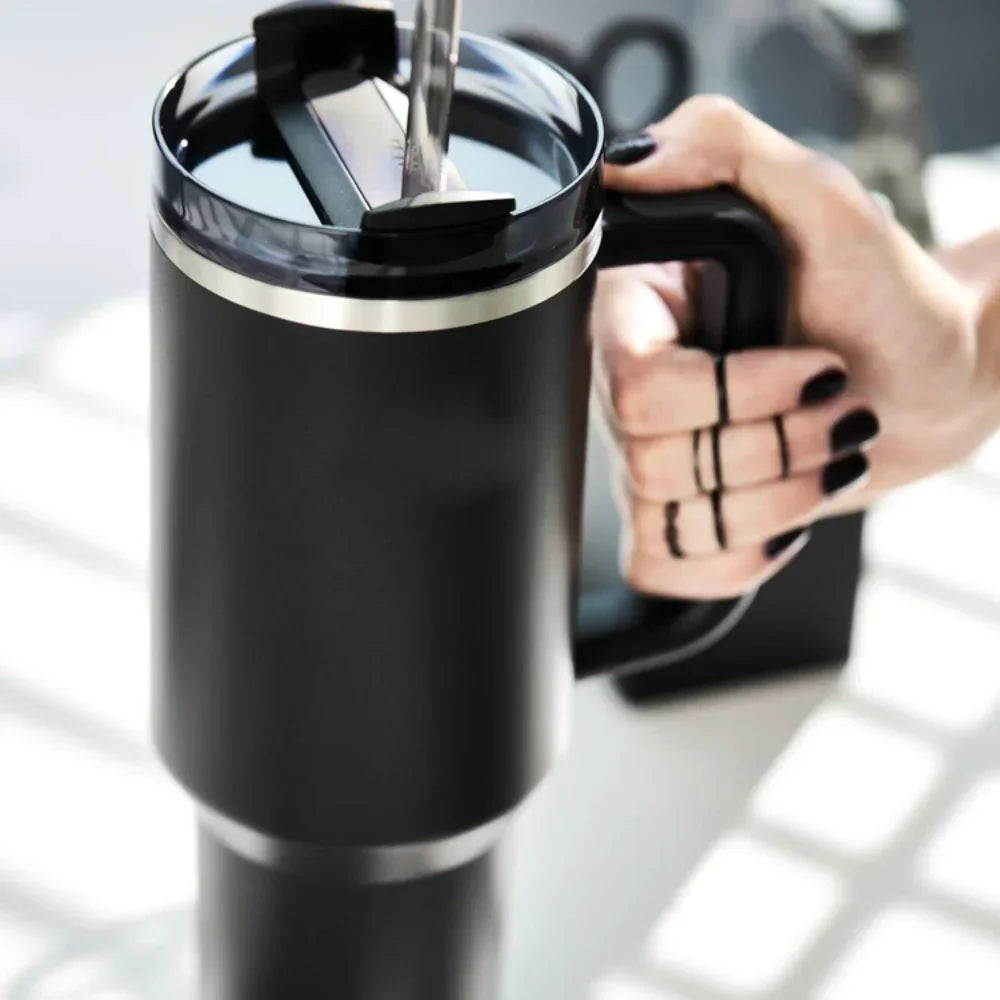 Tumbler with Handle Lid Straw 40oz Stainless Steel Water Bottle Vacuum Thermos Cup Travel Car Thermal Coffee Mug Cap Sport