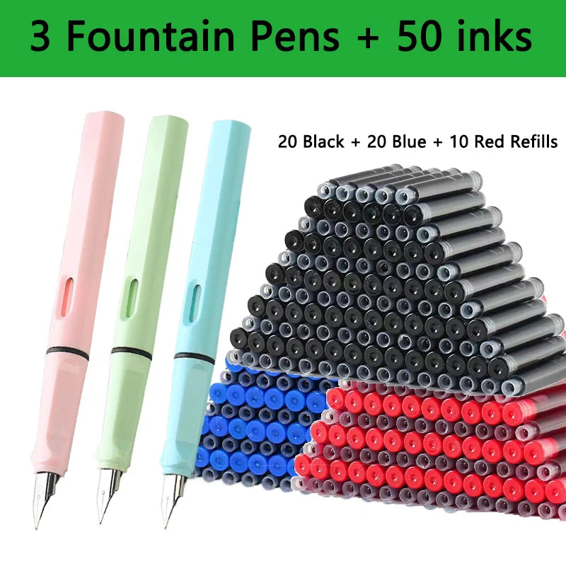 53Pcs Fountain Pen Replaceable Ink Set Black/Blue/Red ink EF School Pens Office Supplies Stationery for Writing Calligraphy Pen