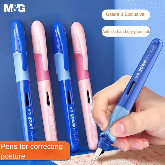 M&G Student Erasable Fountain Pen Set 1 Fountain Pen 1 Ink Absorber 6 Ink Bladder 3.4 Caliber Children's Practice Pen Blue/Pink