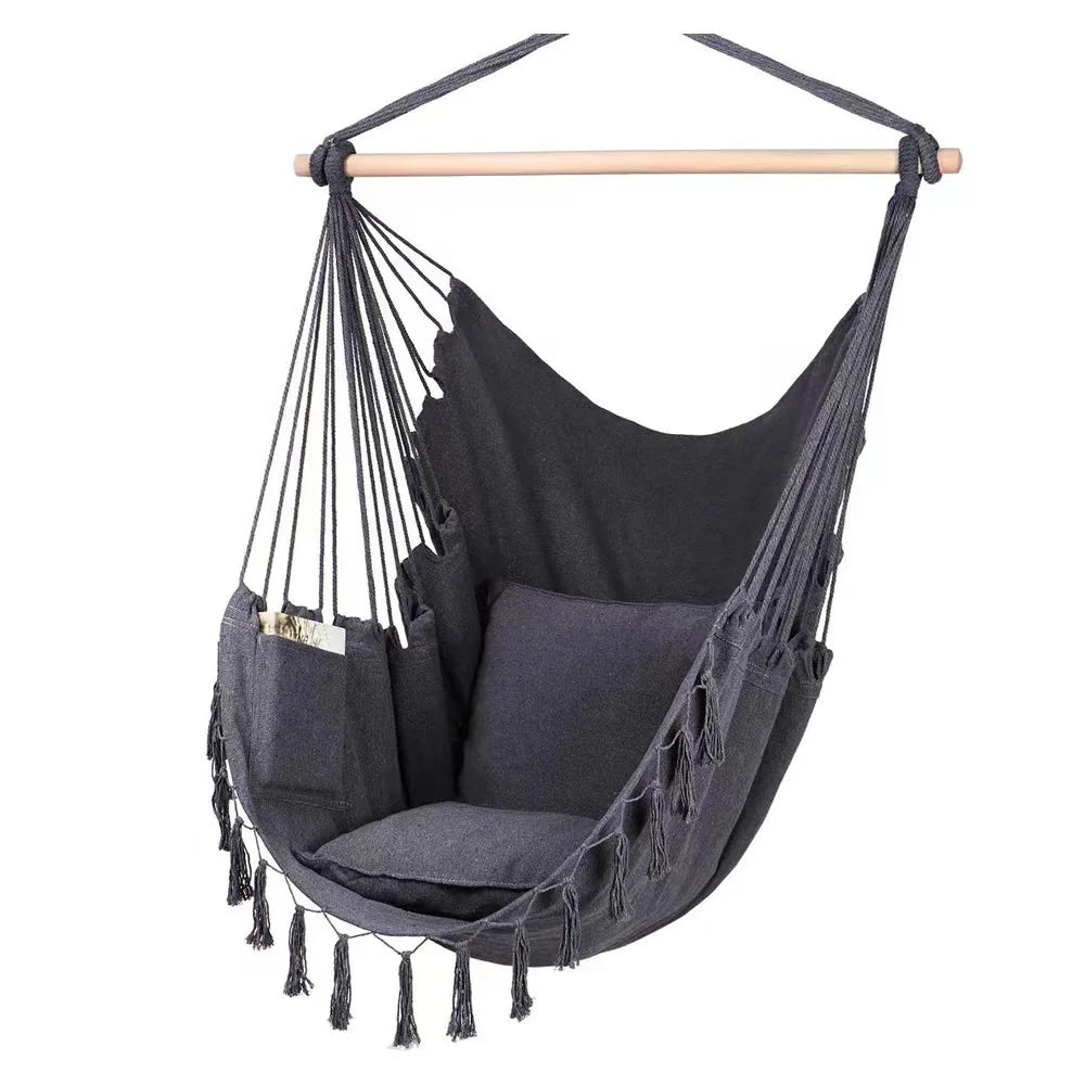 Hammock Chair Hanging Rope Swing, Max 500 Lbs, 2 Cushions Included, Large Macrame Hanging Chair with Pocket, Cotton Weave