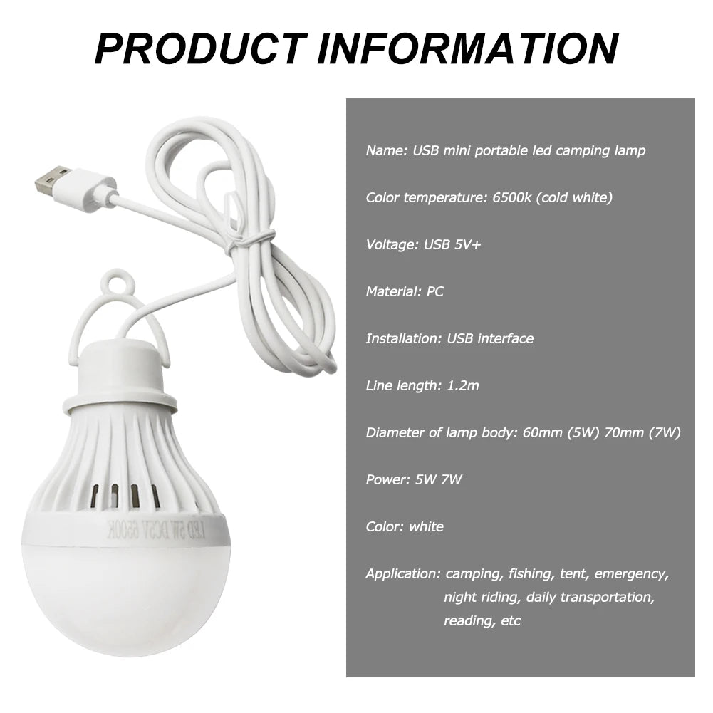 1/2pcs Portable Lantern Camp Lights USB Bulb 5W/7W Power Outdoor Camping Multi Tool 5V LED for Tent Camping Gear Hiking USB Lamp