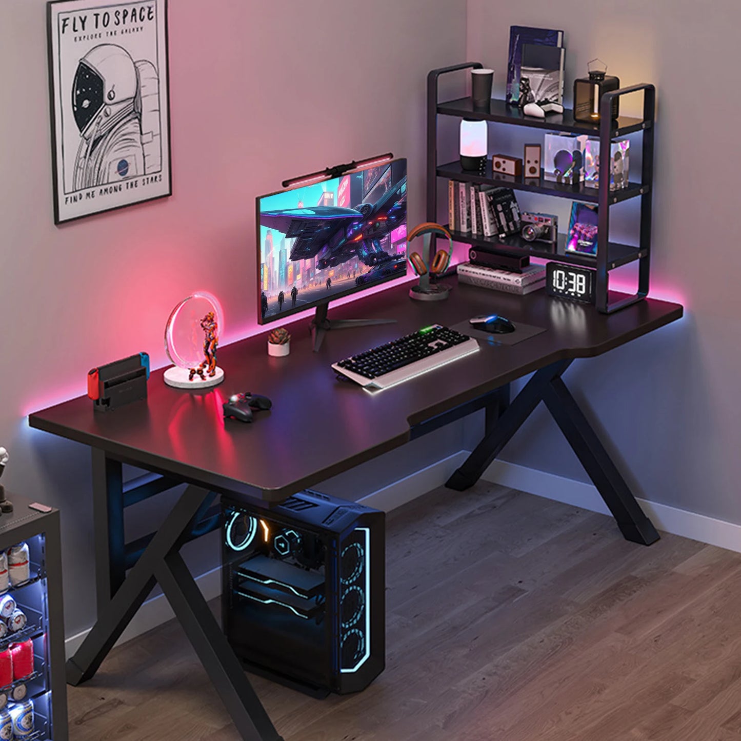 Gaming Desk PC Computer Game Table with X-shaped Steel Legs Sturdy Workstation Standing Desk for Home Office with Cable Holes