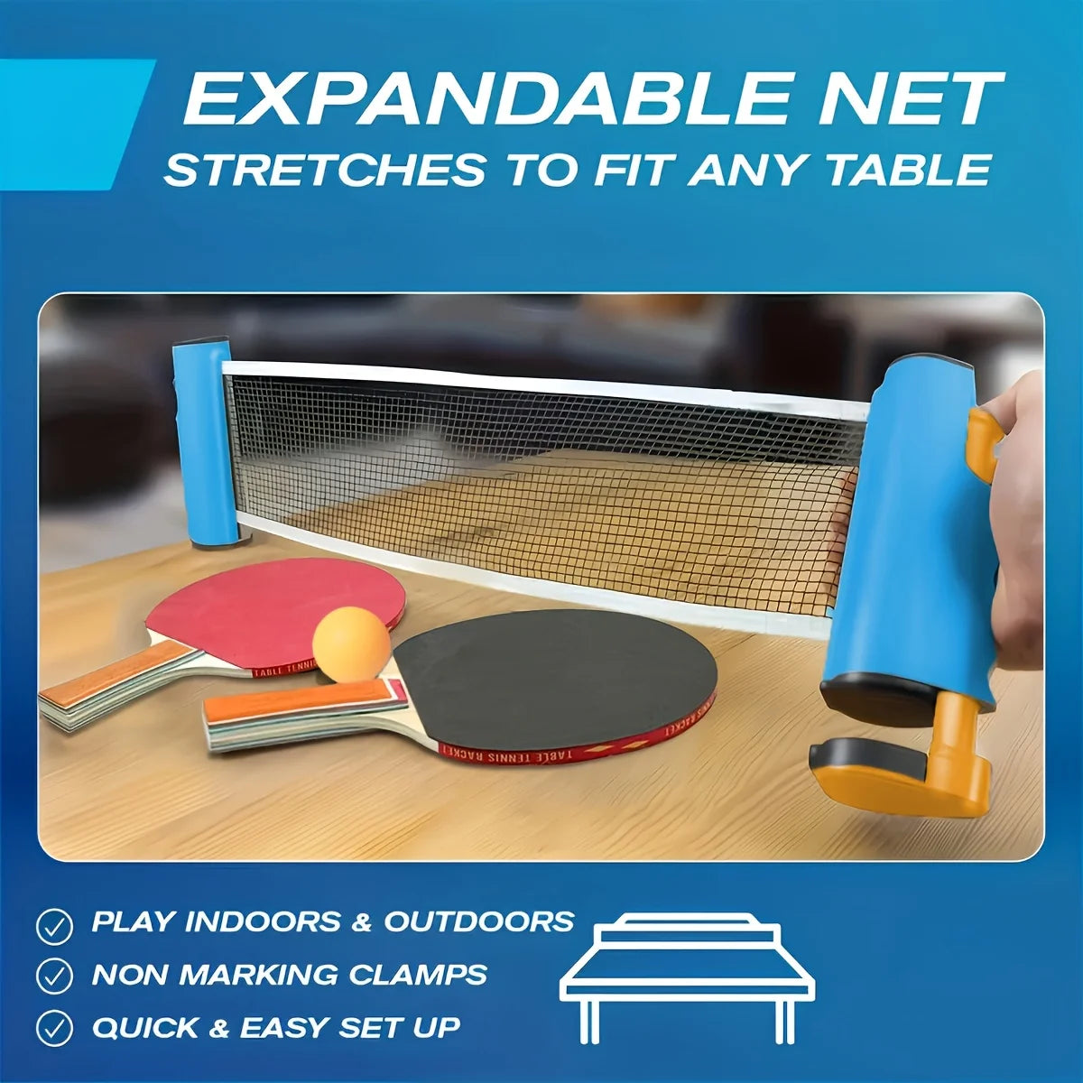 Portable Table Tennis Training Set, Includes Blue Retractable Ball Net, 2 Table Tennis Rackets, and 3 Table Tennis Balls