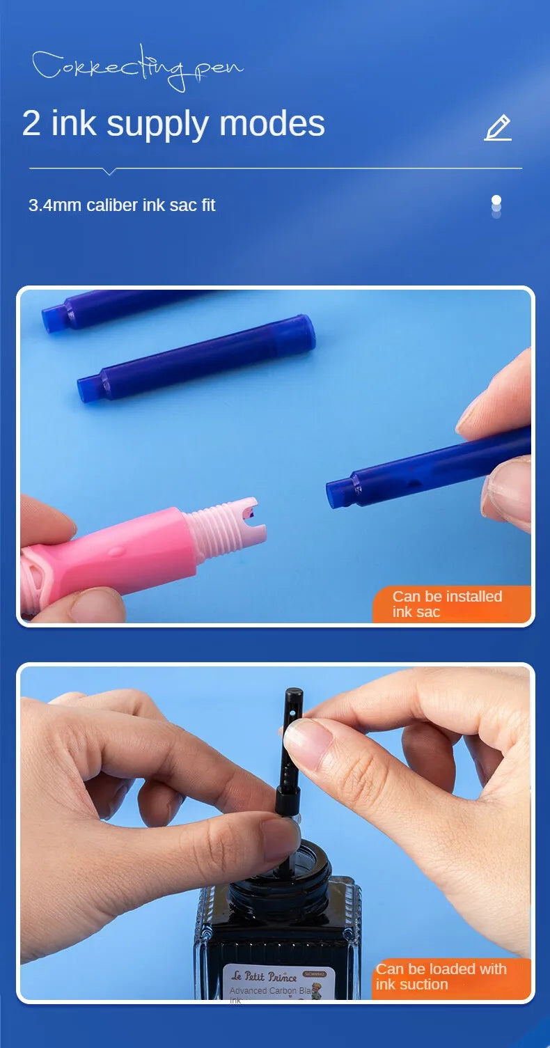 M&G Student Erasable Fountain Pen Set 1 Fountain Pen 1 Ink Absorber 6 Ink Bladder 3.4 Caliber Children's Practice Pen Blue/Pink