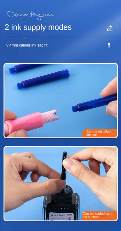 M&G Student Erasable Fountain Pen Set 1 Fountain Pen 1 Ink Absorber 6 Ink Bladder 3.4 Caliber Children's Practice Pen Blue/Pink